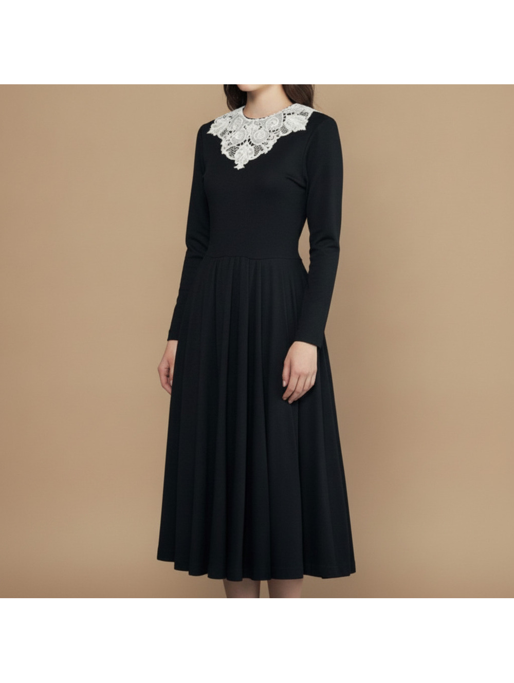 VTG 90s Whimsigoth Black Knit Dress White Lace Peter Pan Collar Dark Academia